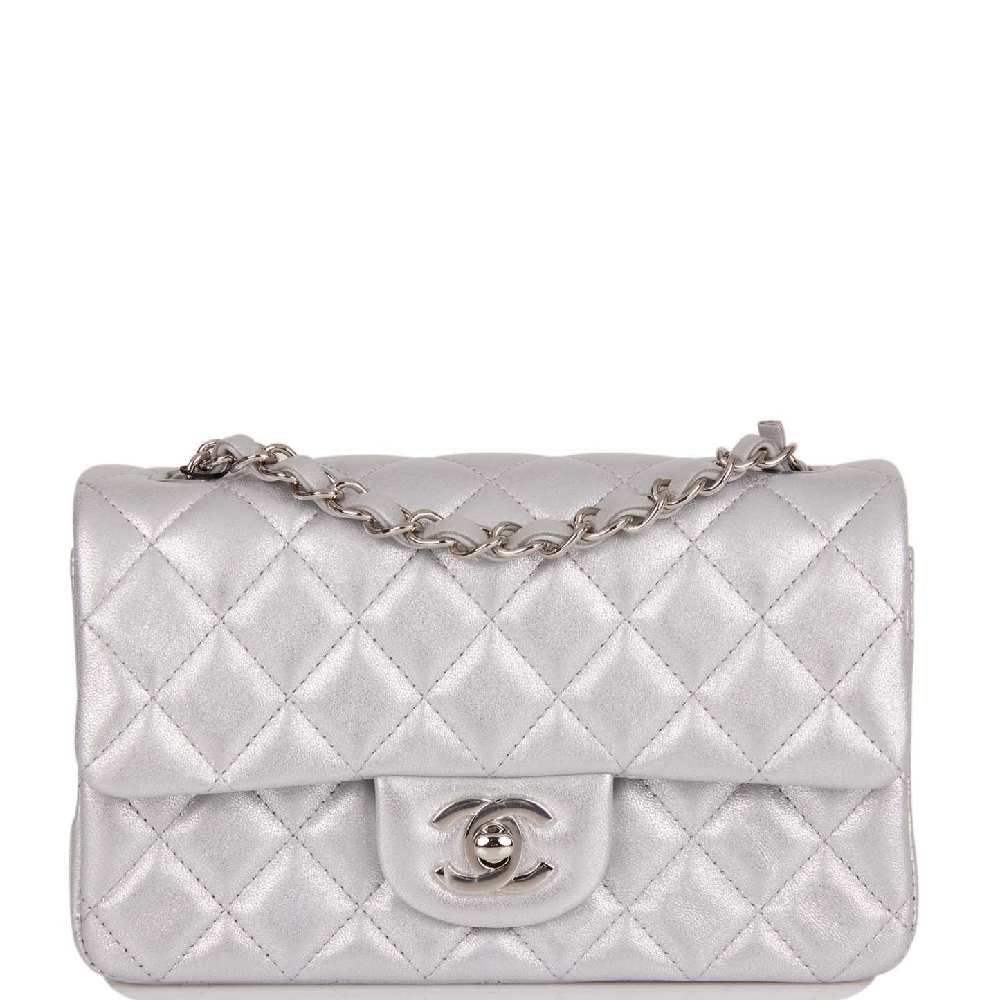 Chanel Mini Rectangular Flap Bag Silver Iridescent Lambskin Silver Hardware