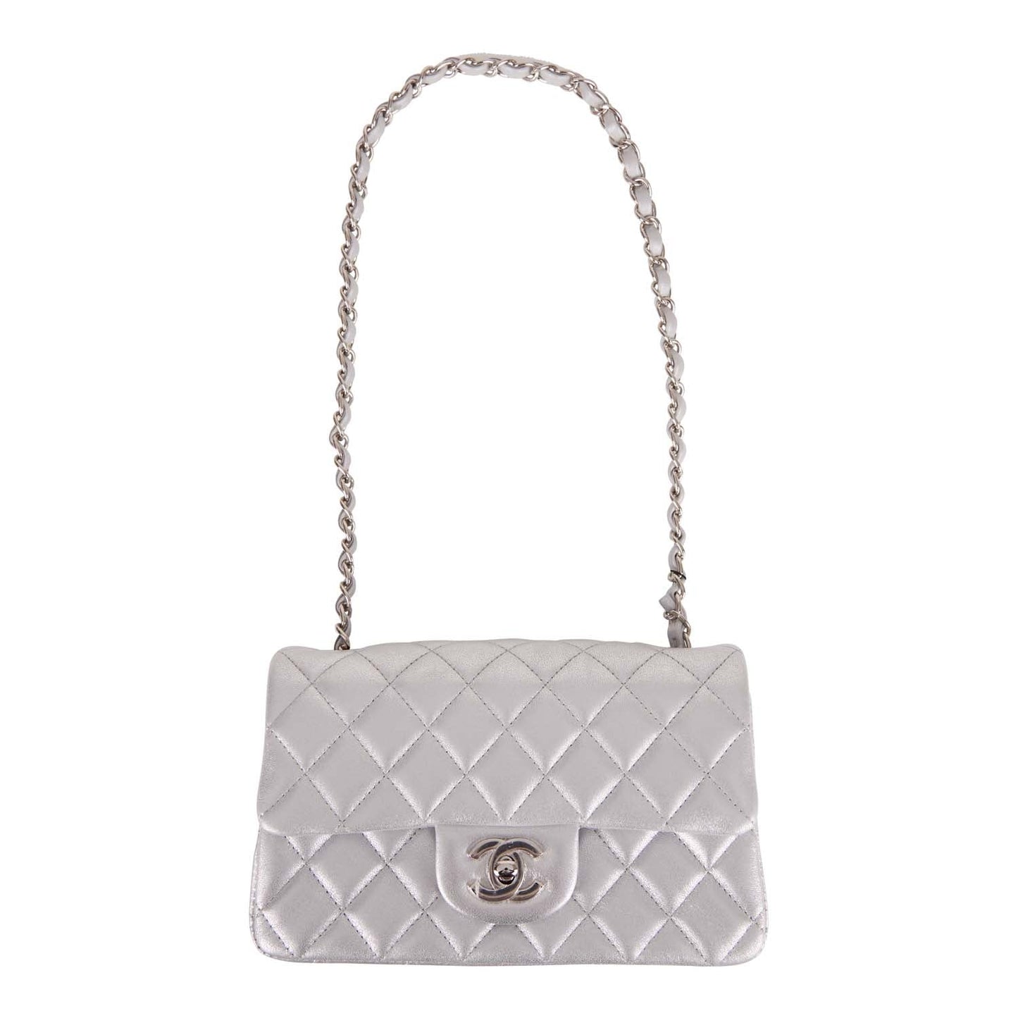 Chanel Mini Rectangular Flap Bag Silver Iridescent Lambskin Silver Hardware