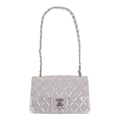 Chanel Mini Rectangular Flap Bag Silver Iridescent Lambskin Silver Hardware