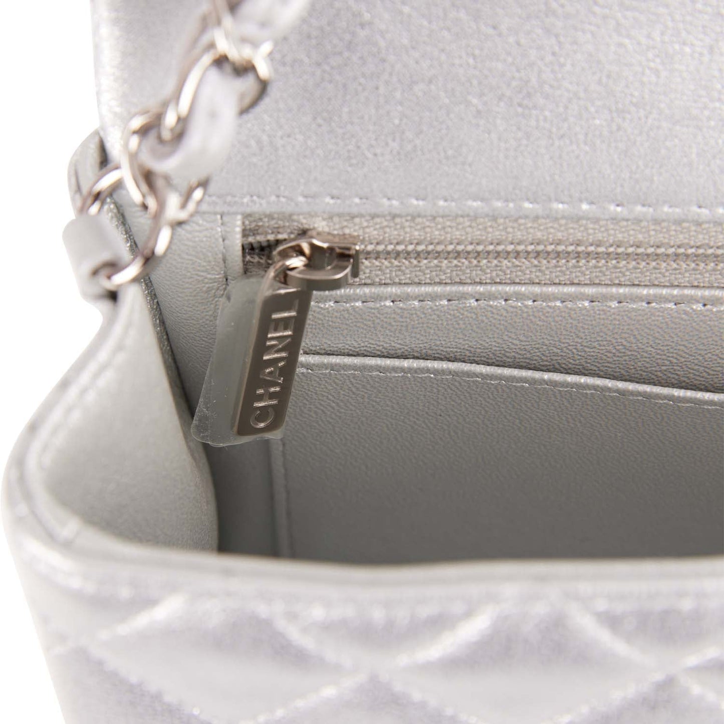 Chanel Mini Rectangular Flap Bag Silver Iridescent Lambskin Silver Hardware
