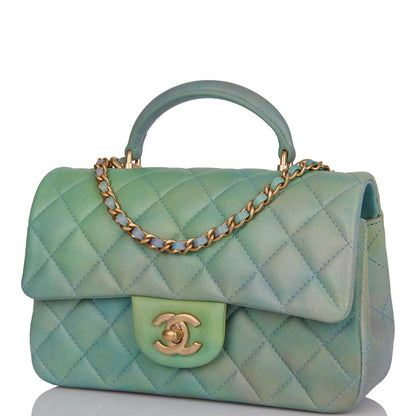 Chanel Mini Rectangular Flap Bag with Top Handle Green Ombre Lambskin Antique Gold Hardware