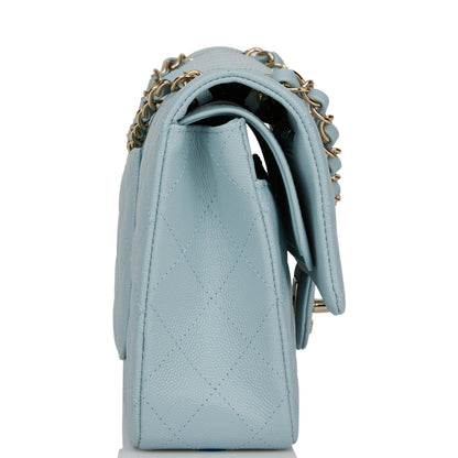 Chanel Medium Classic Double Flap Bag Blue Quilted Caviar Light Gold Hardware