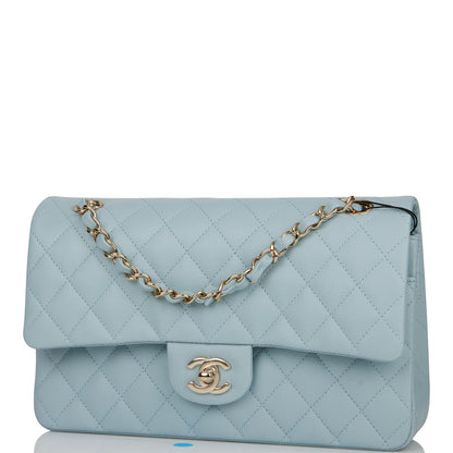 Chanel Medium Classic Double Flap Bag Blue Quilted Caviar Light Gold Hardware