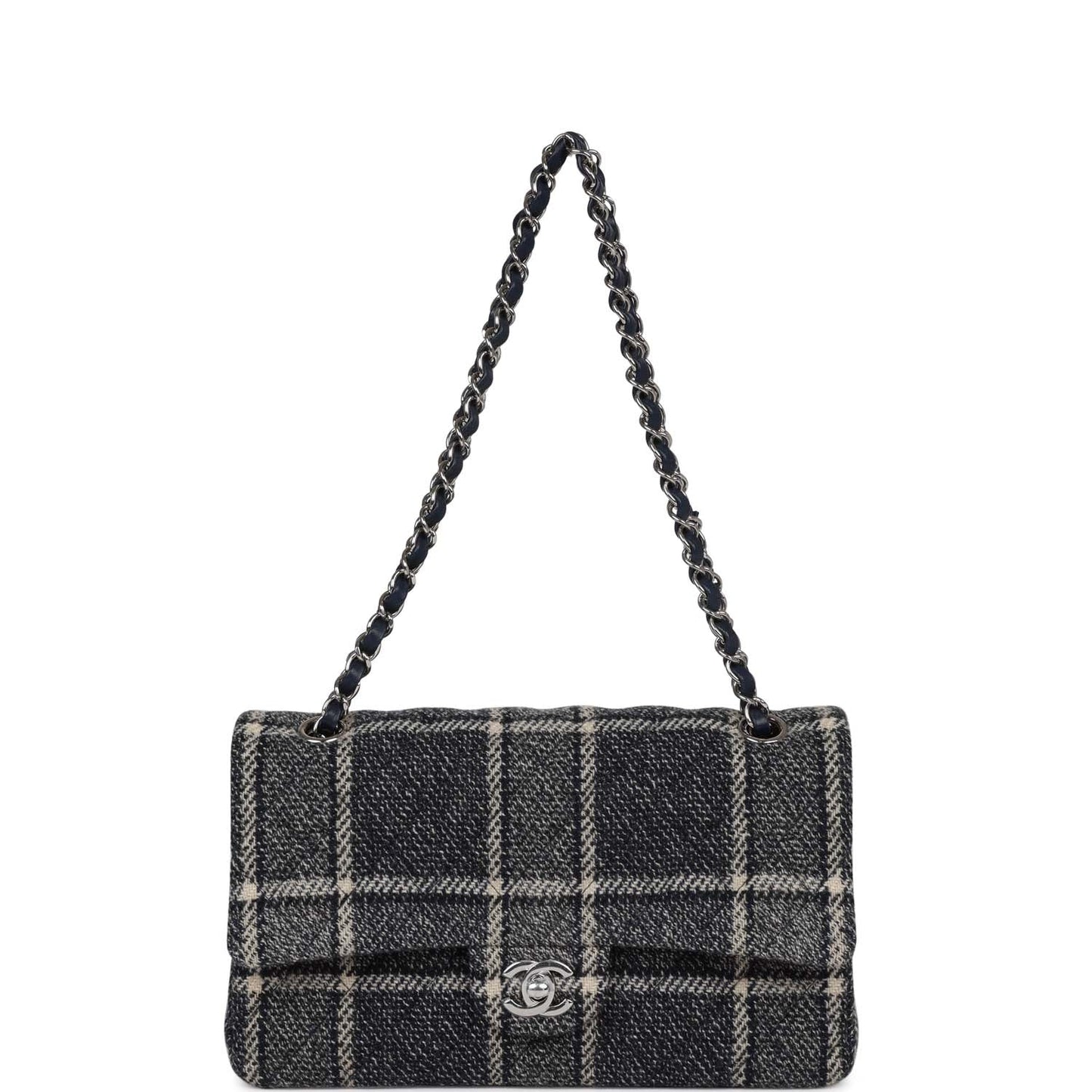 Chanel Medium Classic Double Flap Bag Navy Tweed Silver Hardware