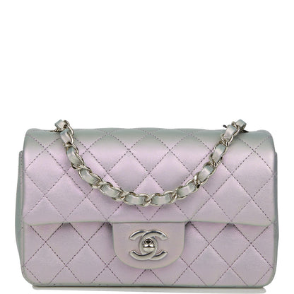 Chanel Mini Rectangular Flap Bag Purple Iridescent Quilted Lambskin Silver Hardware