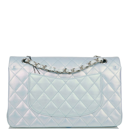 Chanel Medium Classic Double Flap Bag Blue Iridescent Lambskin Silver Hardware