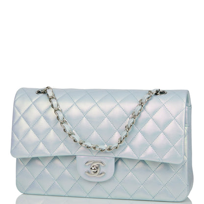 Chanel Medium Classic Double Flap Bag Blue Iridescent Lambskin Silver Hardware