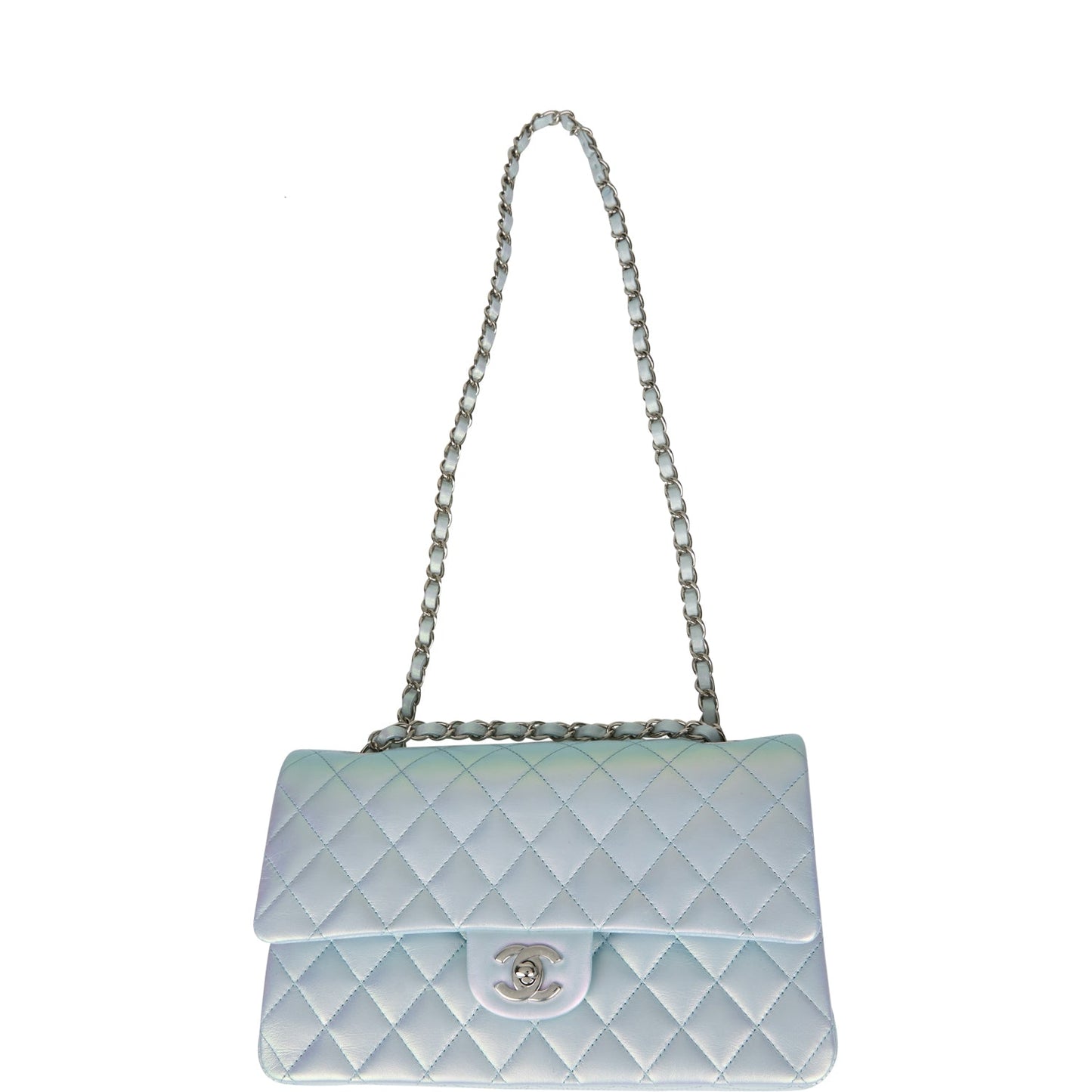 Chanel Medium Classic Double Flap Bag Blue Iridescent Lambskin Silver Hardware