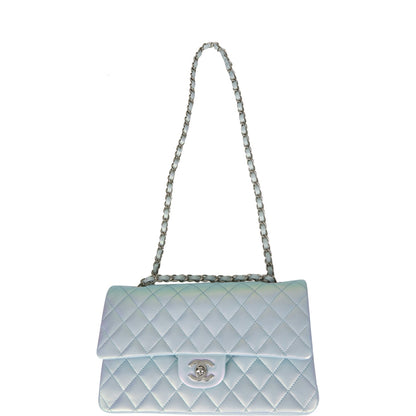 Chanel Medium Classic Double Flap Bag Blue Iridescent Lambskin Silver Hardware