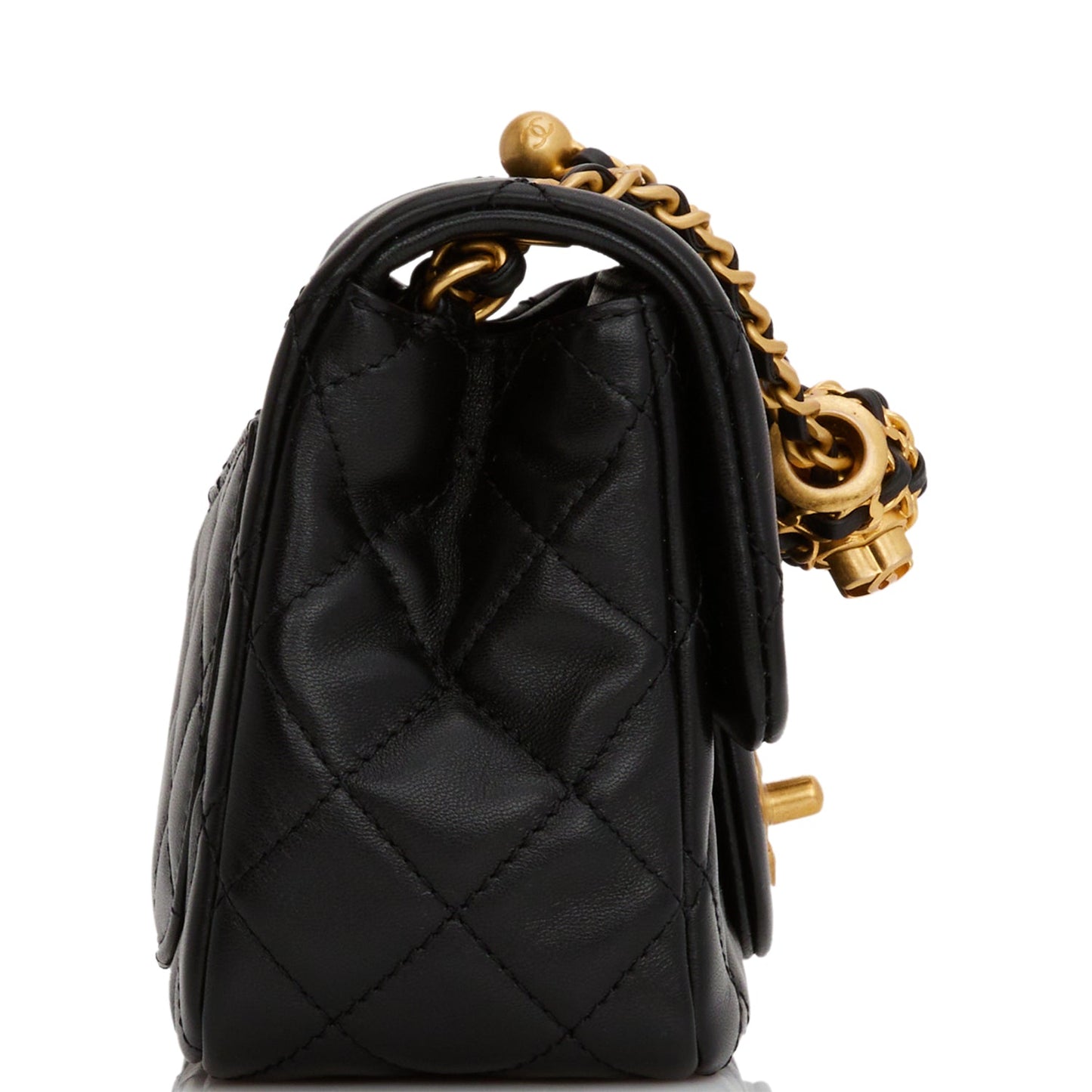 Chanel Pearl Crush Mini Square Flap Bag Black Lambskin Antique Gold Hardware