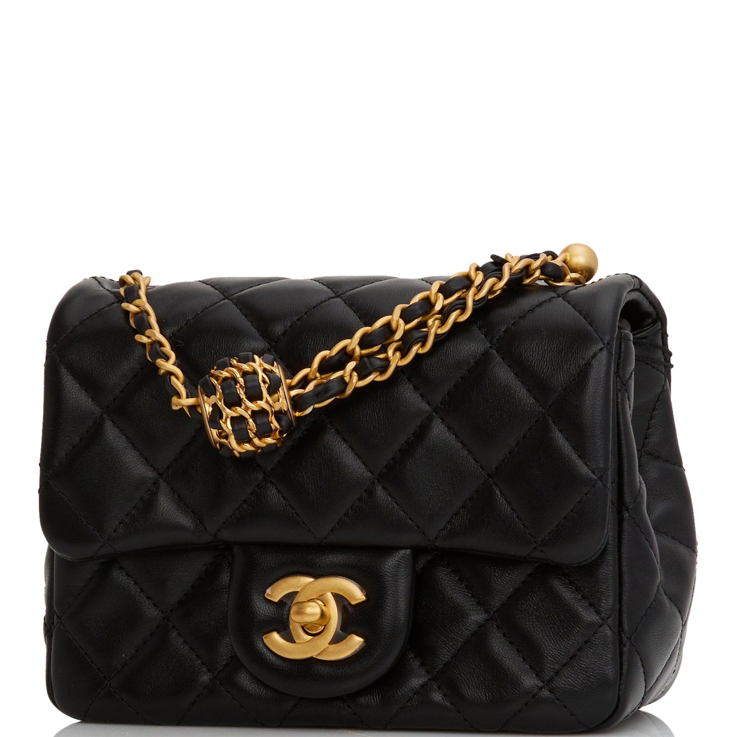 Chanel Pearl Crush Mini Square Flap Bag Black Lambskin Antique Gold Hardware
