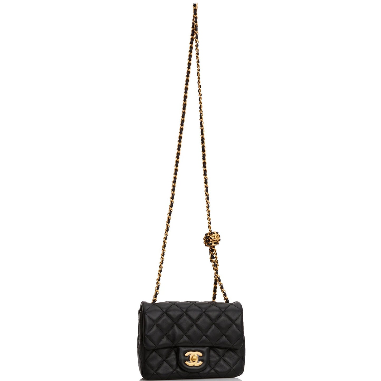 Chanel Pearl Crush Mini Square Flap Bag Black Lambskin Antique Gold Hardware