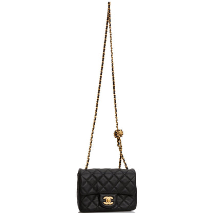Chanel Pearl Crush Mini Square Flap Bag Black Lambskin Antique Gold Hardware