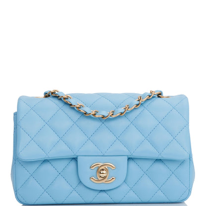 Chanel Mini Rectangular Flap Bag Blue Lambskin Light Gold Hardware