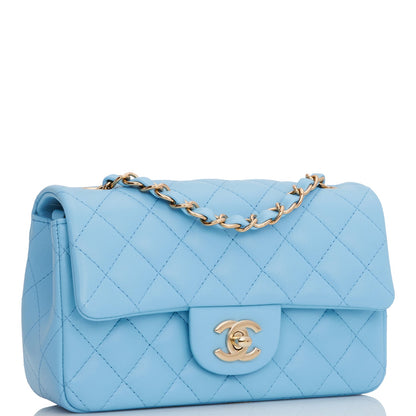 Chanel Mini Rectangular Flap Bag Blue Lambskin Light Gold Hardware