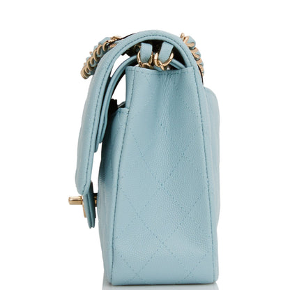 Chanel Medium Classic Double Flap Bag Blue Quilted Caviar Light Gold Hardware