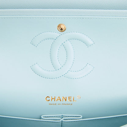Chanel Medium Classic Double Flap Bag Blue Quilted Caviar Light Gold Hardware