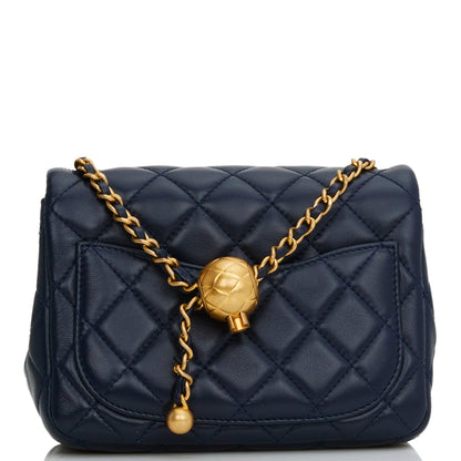 Chanel Pearl Crush Mini Square Flap Bag Navy Blue Lambskin Antique Gold Hardware