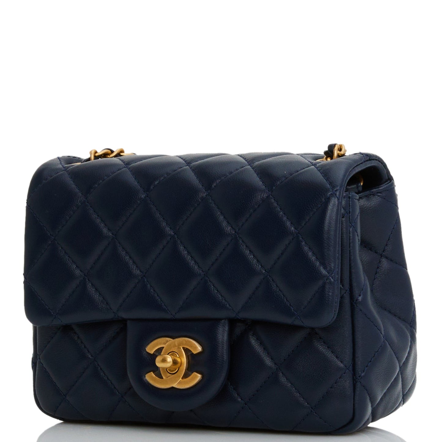 Chanel Pearl Crush Mini Square Flap Bag Navy Blue Lambskin Antique Gold Hardware