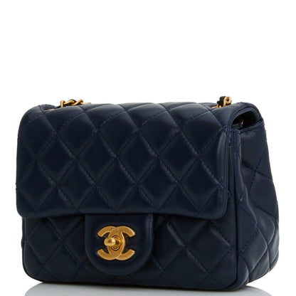 Chanel Pearl Crush Mini Square Flap Bag Navy Blue Lambskin Antique Gold Hardware