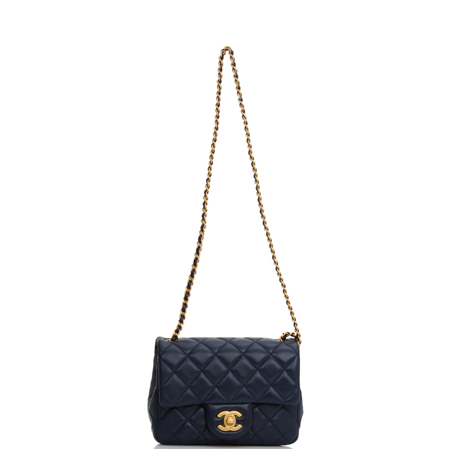 Chanel Pearl Crush Mini Square Flap Bag Navy Blue Lambskin Antique Gold Hardware
