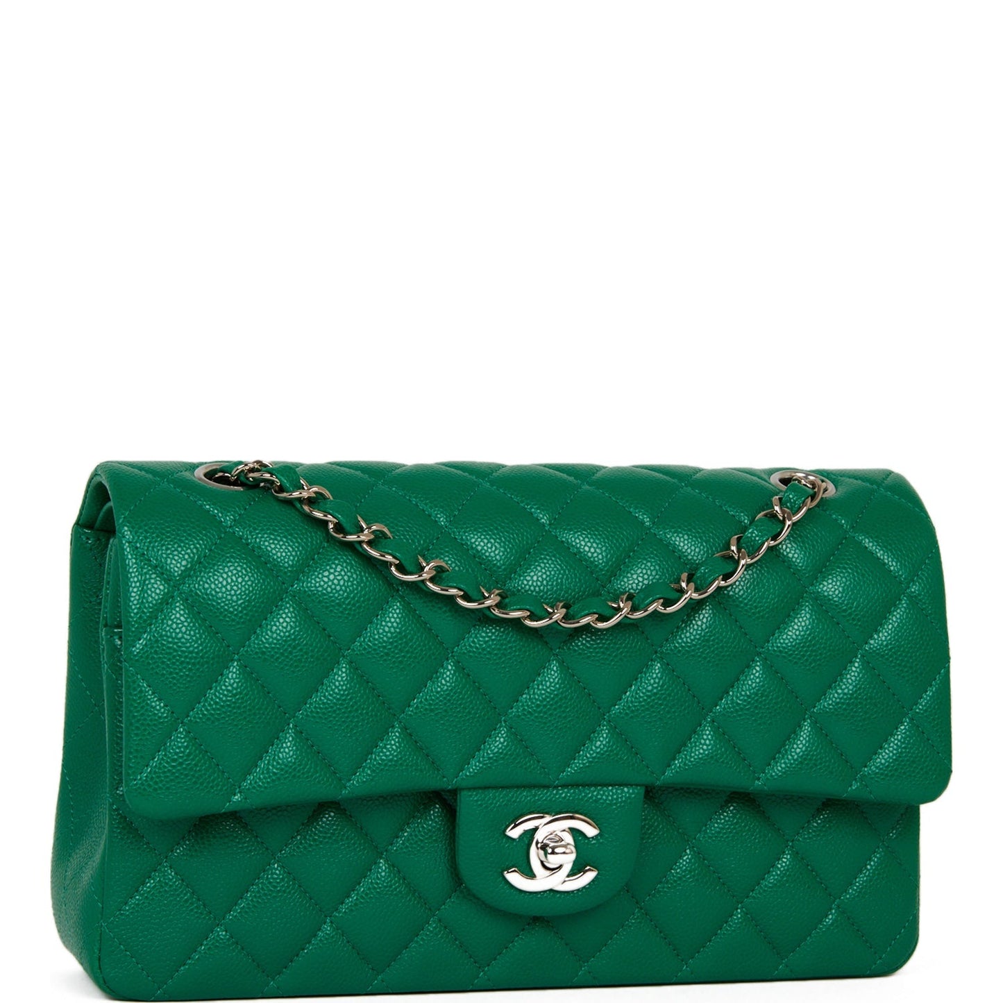 Chanel Medium Classic Double Flap Bag Green Caviar Silver Hardware