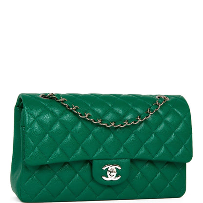 Chanel Medium Classic Double Flap Bag Green Caviar Silver Hardware