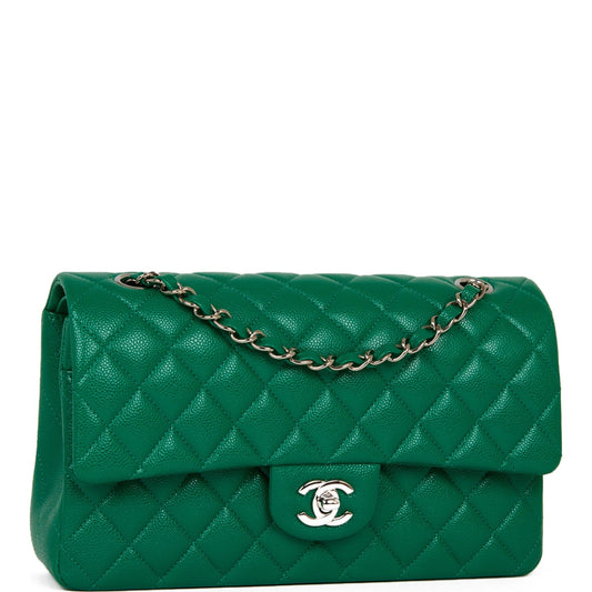 Chanel Medium Classic Double Flap Bag Green Caviar Silver Hardware