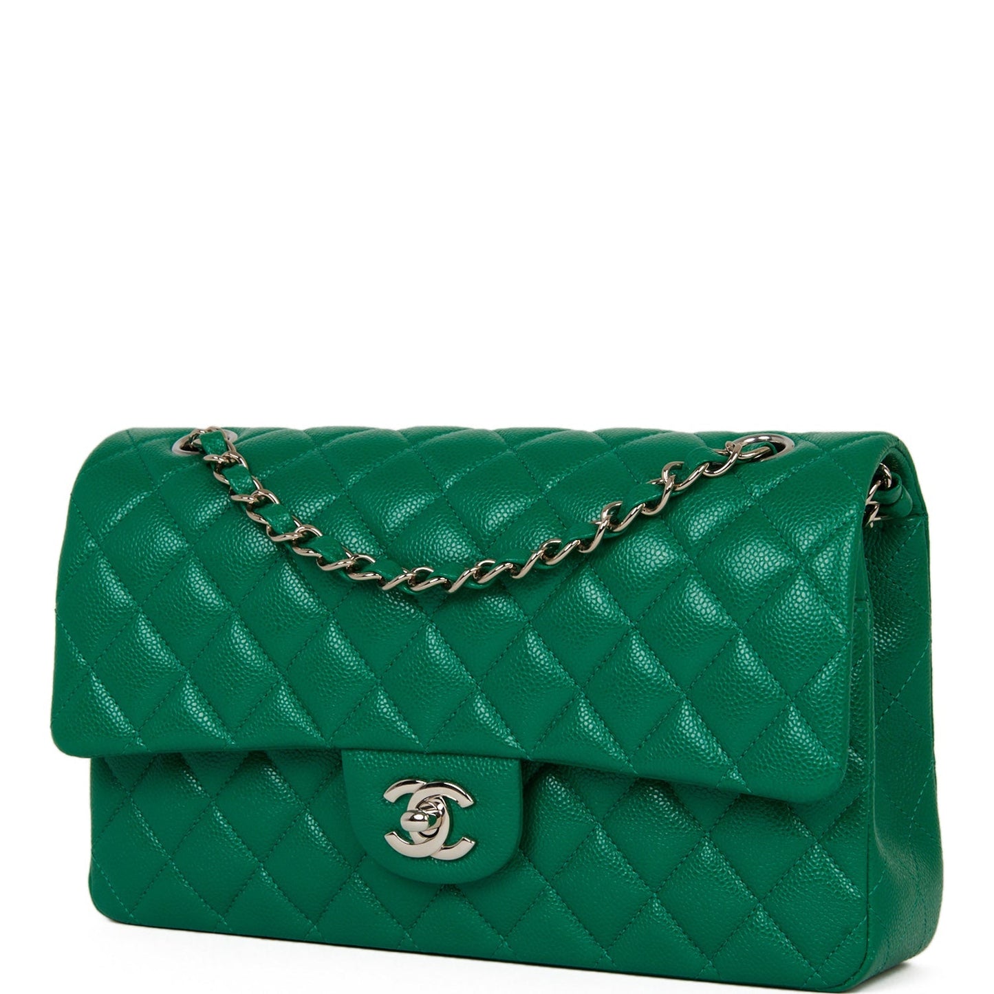 Chanel Medium Classic Double Flap Bag Green Caviar Silver Hardware