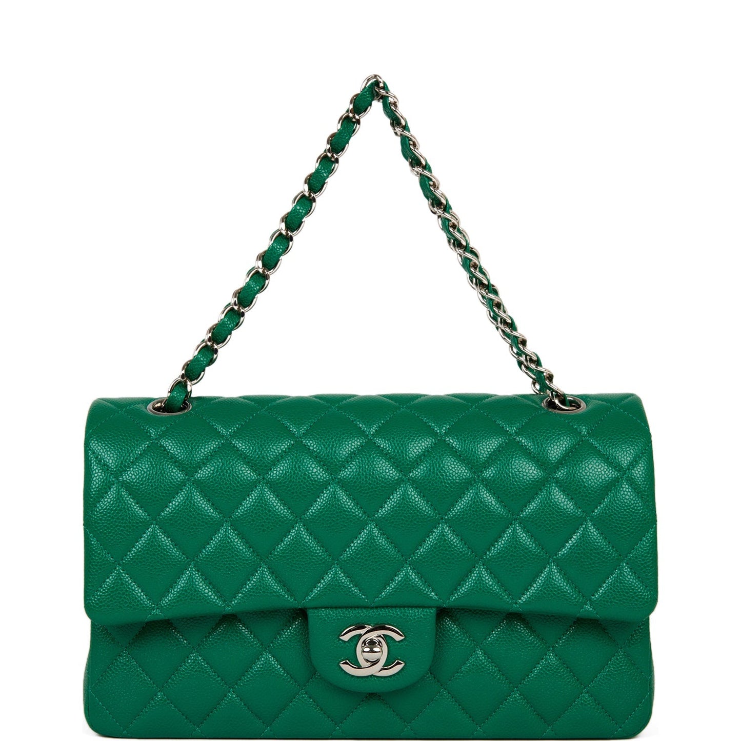 Chanel Medium Classic Double Flap Bag Green Caviar Silver Hardware