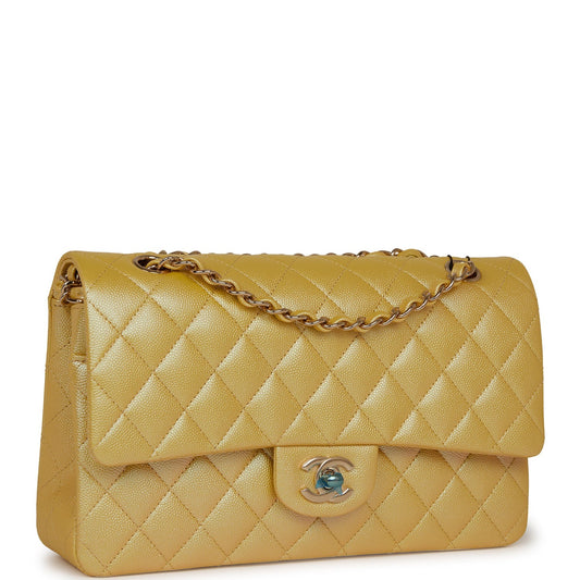 Chanel Medium Classic Double Flap Bag Yellow Iridescent Caviar Light Gold Hardware