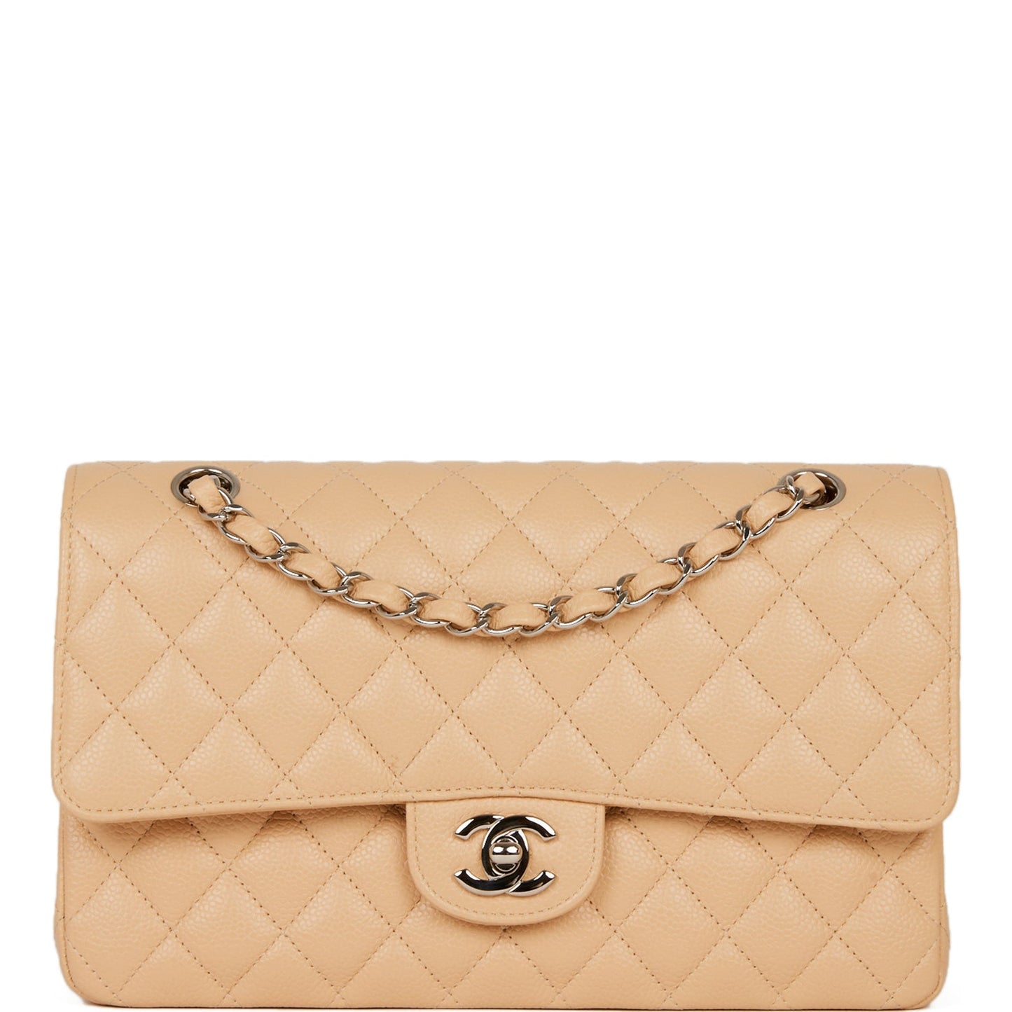 Chanel Medium Classic Double Flap Bag Beige Caviar Silver Hardware