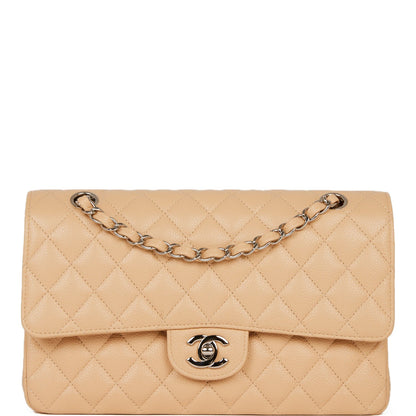 Chanel Medium Classic Double Flap Bag Beige Caviar Silver Hardware