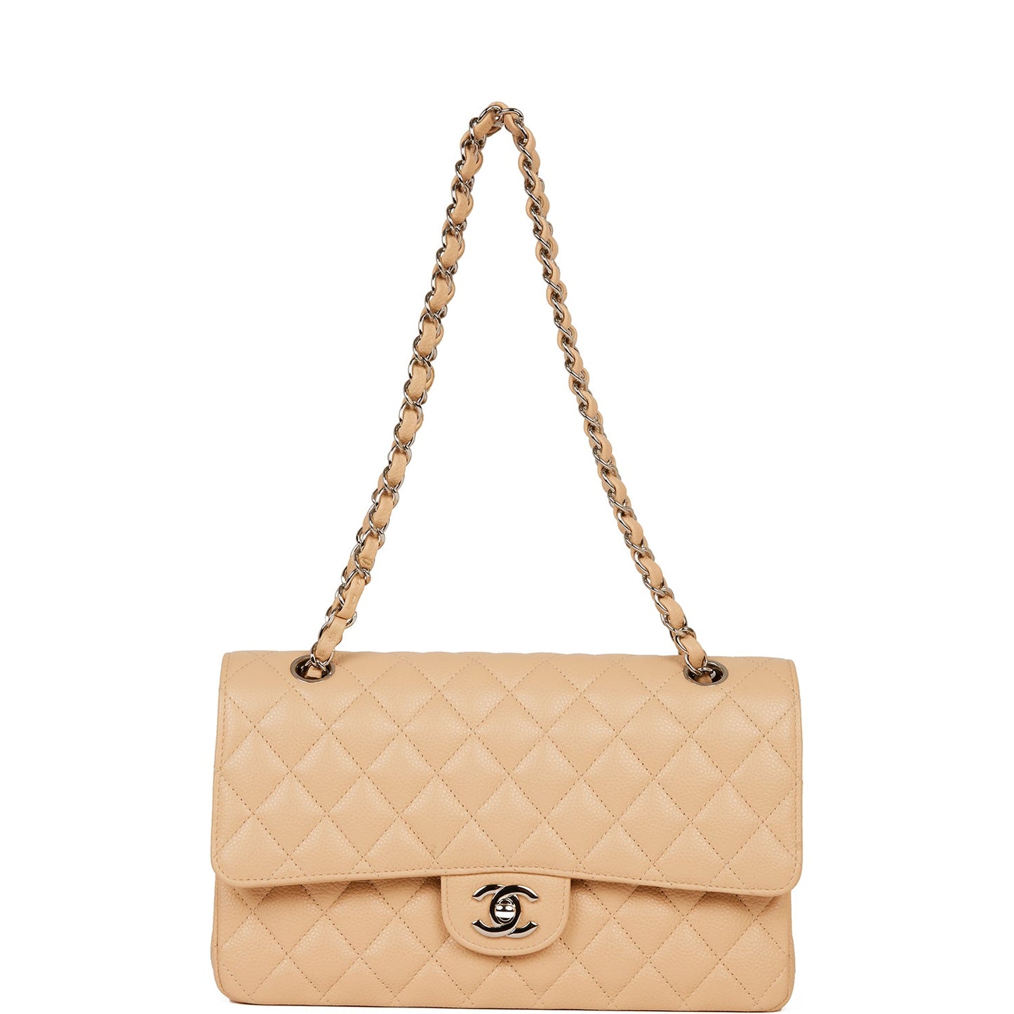 Chanel Medium Classic Double Flap Bag Beige Caviar Silver Hardware