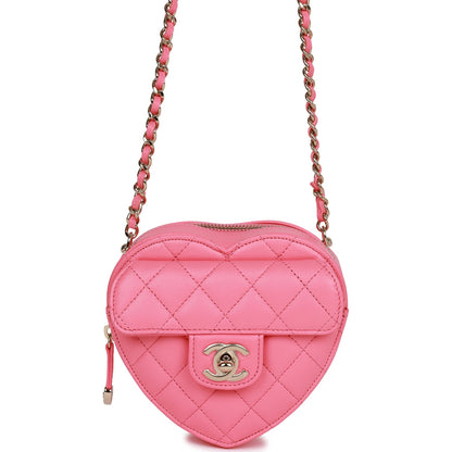 Chanel CC In Love Heart Necklace Bag Pink Lambskin Light Gold Hardware