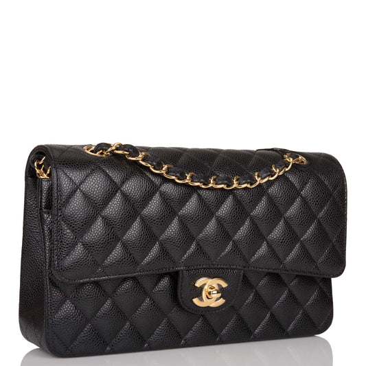 Chanel Black Quilted Caviar Medium Classic Double Flap Bag Gold Hardware
