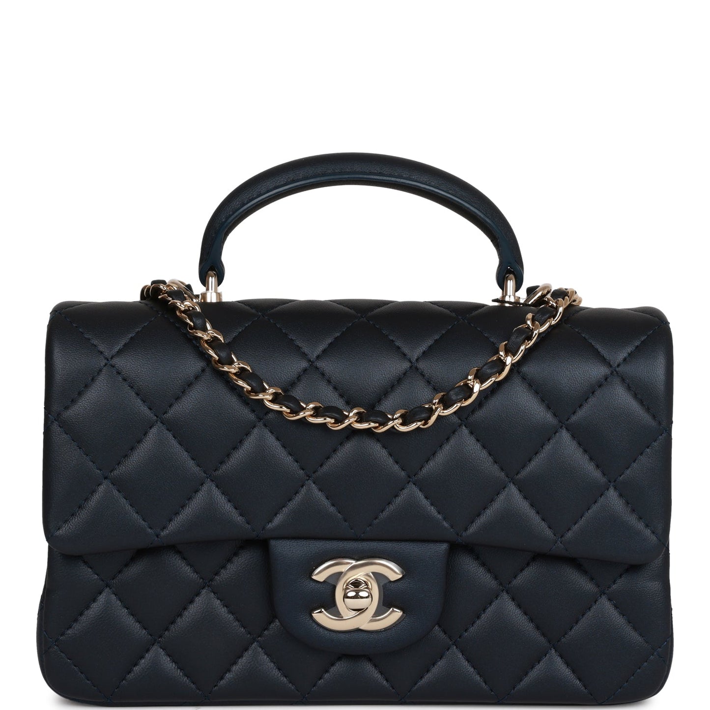 Chanel Mini Rectangular Flap Bag with Top Handle Dark Blue Lambskin Light Gold Hardware