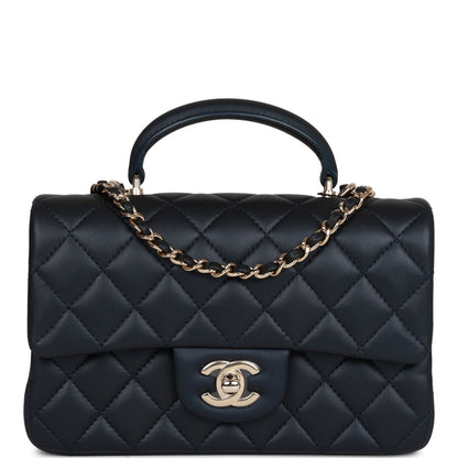 Chanel Mini Rectangular Flap Bag with Top Handle Dark Blue Lambskin Light Gold Hardware