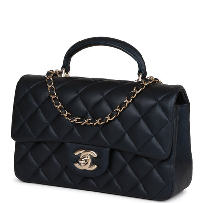 Chanel Mini Rectangular Flap Bag with Top Handle Dark Blue Lambskin Light Gold Hardware