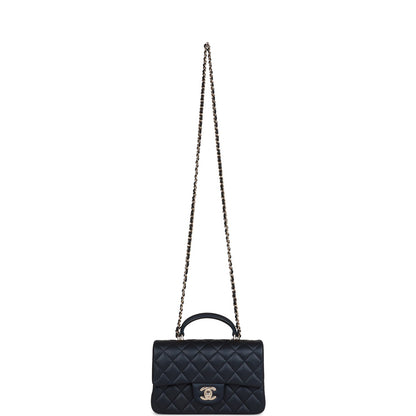 Chanel Mini Rectangular Flap Bag with Top Handle Dark Blue Lambskin Light Gold Hardware