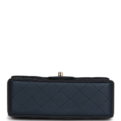 Chanel Mini Rectangular Flap Bag with Top Handle Dark Blue Lambskin Light Gold Hardware