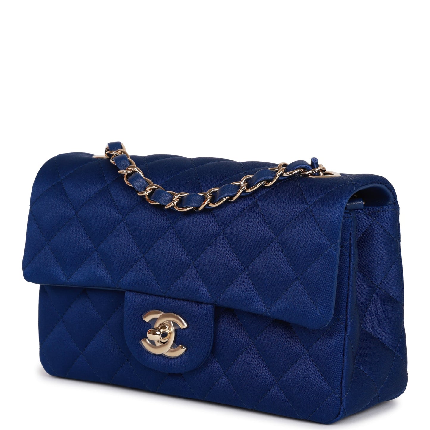 Chanel Mini Rectangular Flap Bag Blue Satin Light Gold Hardware