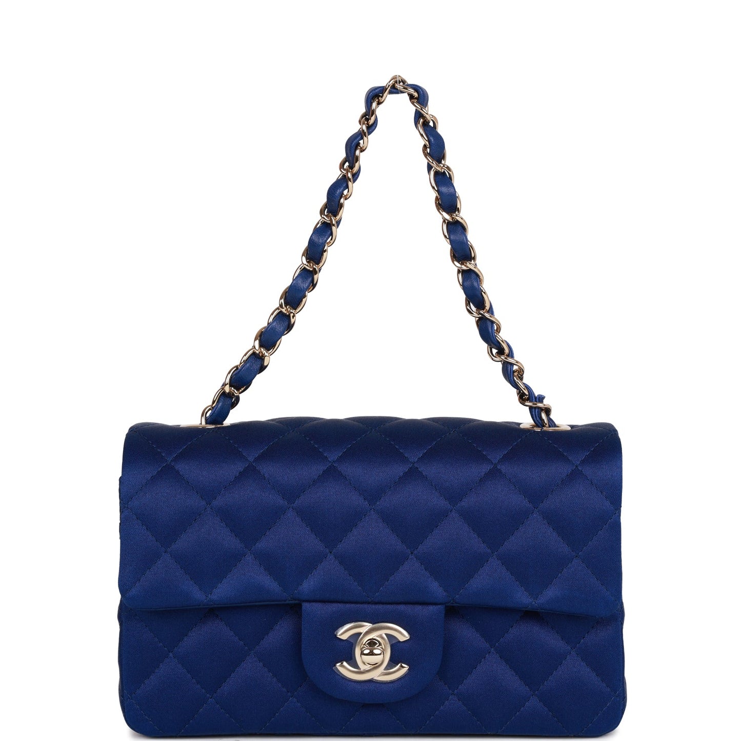 Chanel Mini Rectangular Flap Bag Blue Satin Light Gold Hardware