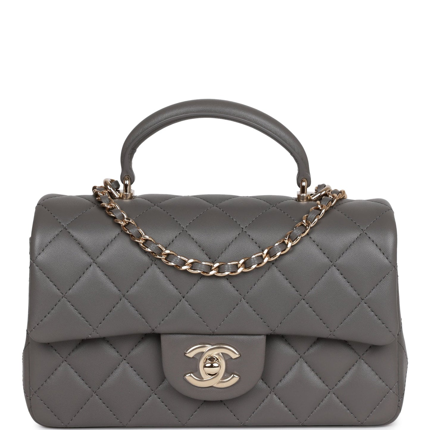 Chanel Mini Rectangular Flap Bag with Top Handle Dark Grey Lambskin Light Gold Hardware