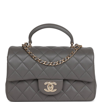 Chanel Mini Rectangular Flap Bag with Top Handle Dark Grey Lambskin Light Gold Hardware