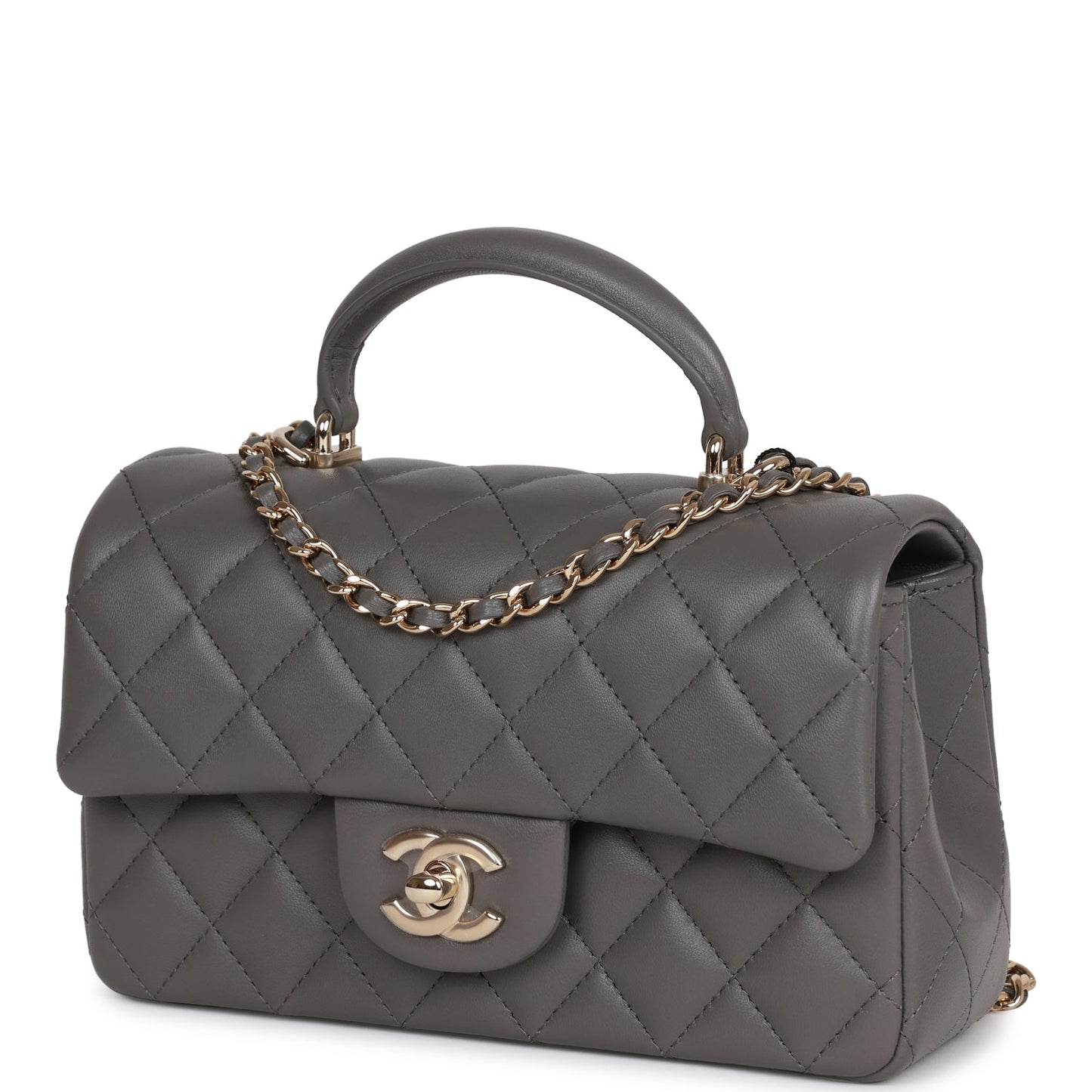 Chanel Mini Rectangular Flap Bag with Top Handle Dark Grey Lambskin Light Gold Hardware