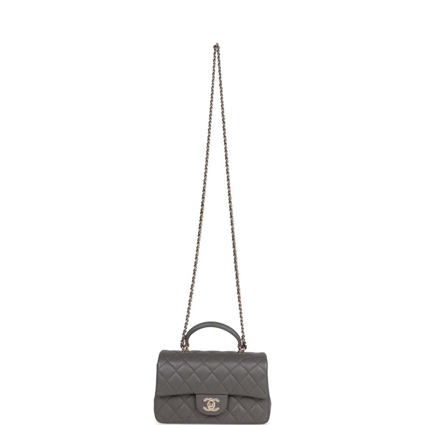 Chanel Mini Rectangular Flap Bag with Top Handle Dark Grey Lambskin Light Gold Hardware