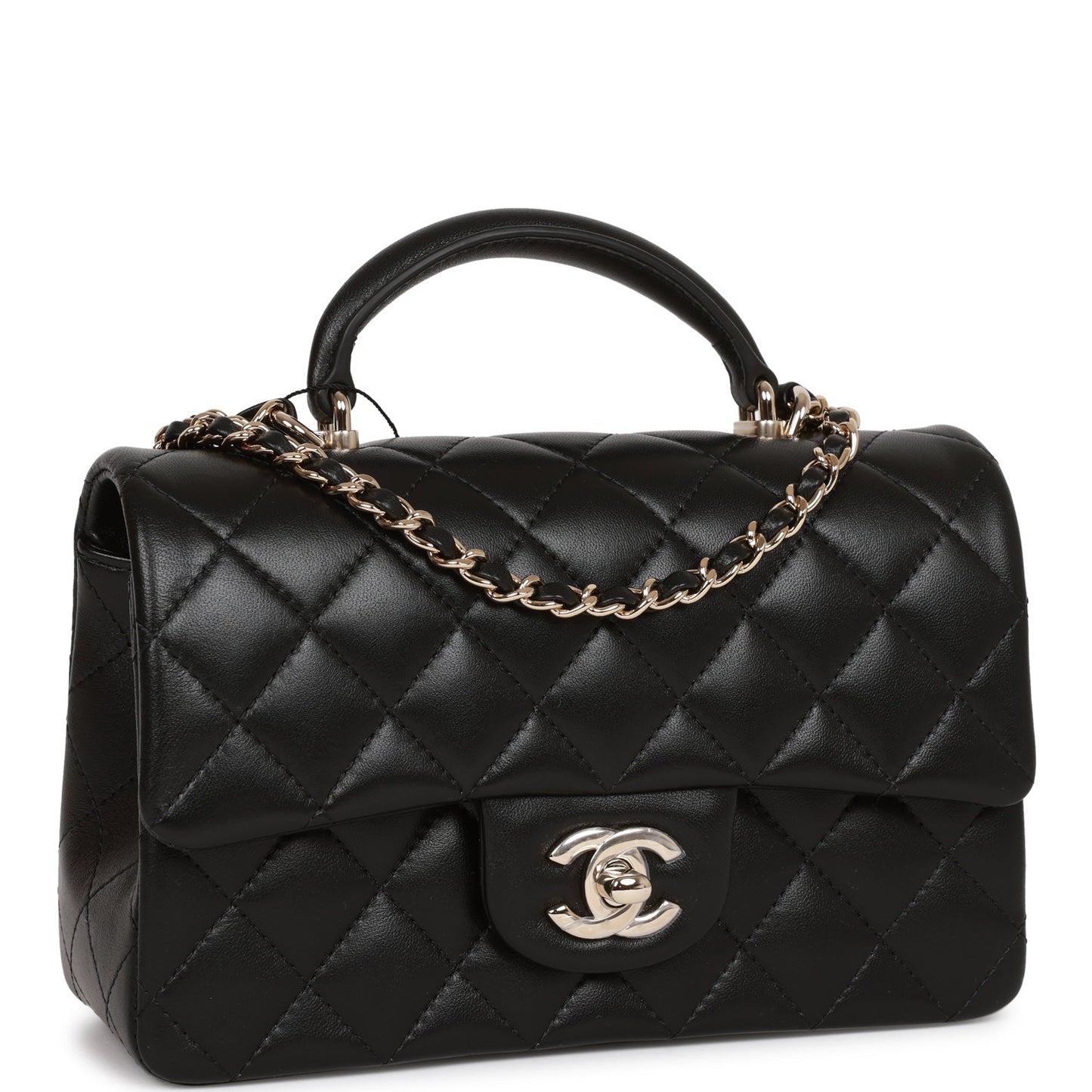 Chanel Mini Rectangular Flap Bag with Top Handle Black Lambskin Light Gold Hardware