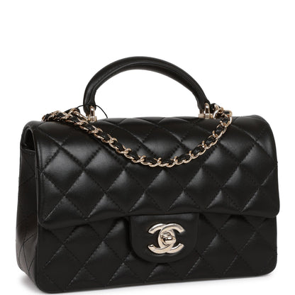 Chanel Mini Rectangular Flap Bag with Top Handle Black Lambskin Light Gold Hardware