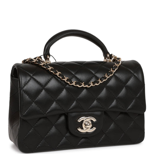 Chanel Mini Rectangular Flap Bag with Top Handle Black Lambskin Light Gold Hardware